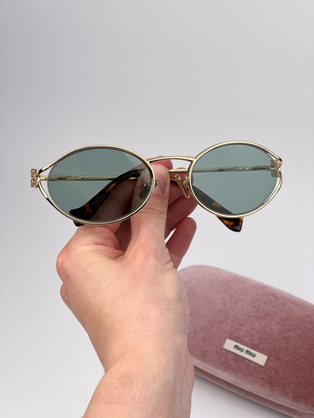 Miu Miu Women’s LOGO Sunglasses Gold Oval Green Mirror MU52YS 5AK04M NEW